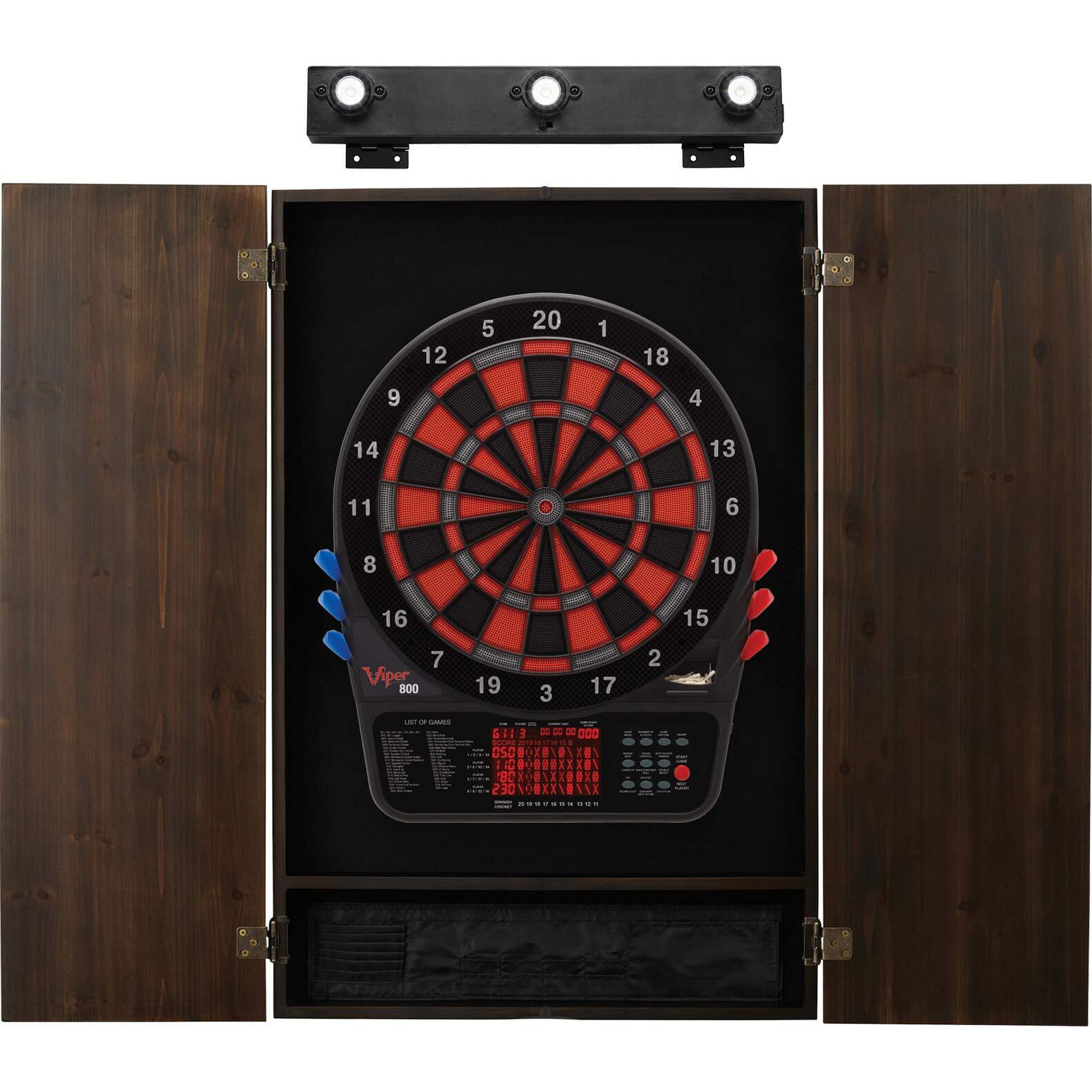 Viper by GLD Products 800 Electronic Dartboard, Metropolitan Espresso Cabinet, Laser Throw Line & Shadow Buster Dartboard Light Bundle (40-9138)