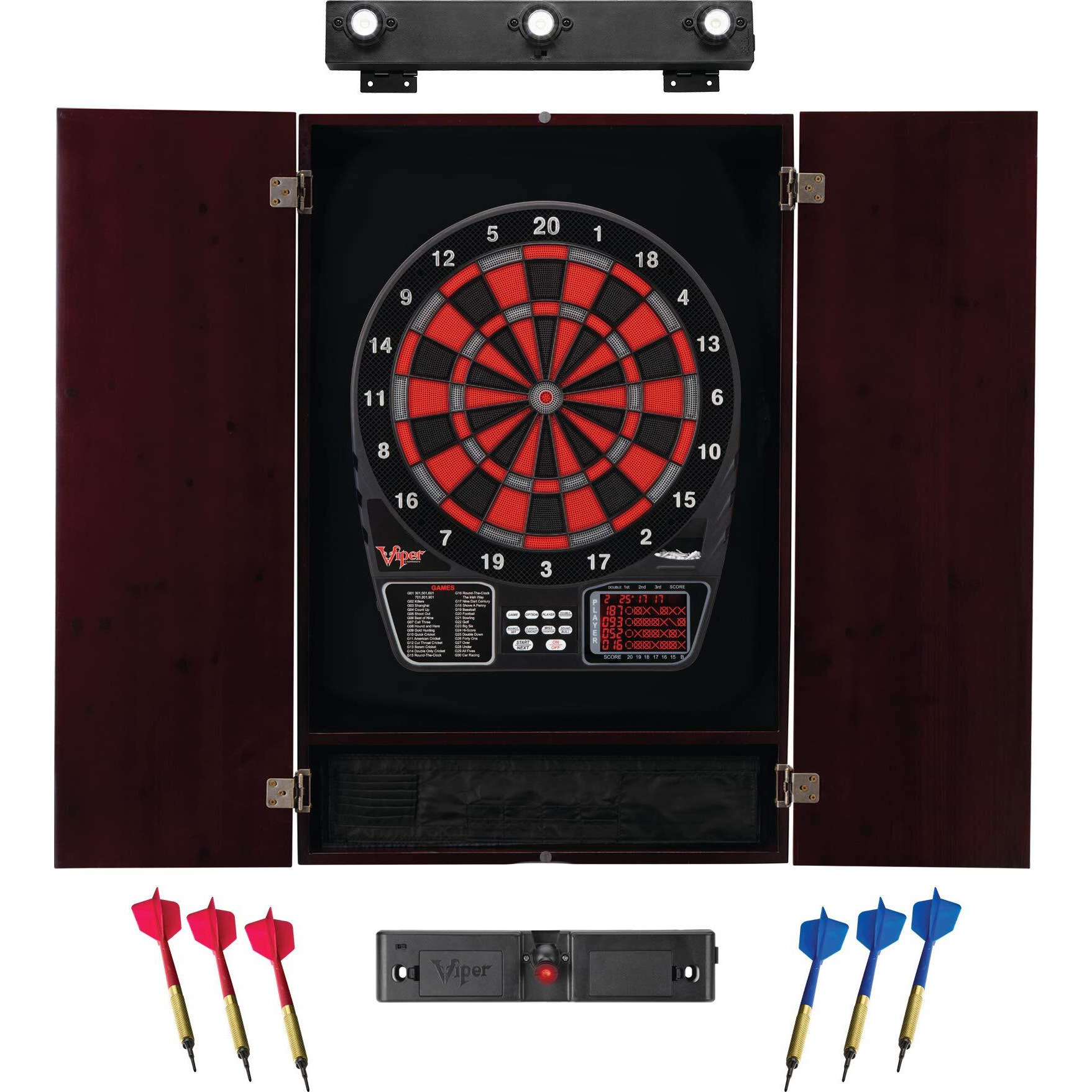 Viper 797 Electronic Dartboard, Metropolitan Mahogany Cabinet, Laser Throw Line Marker & Shadow Buster Dartboard Lights