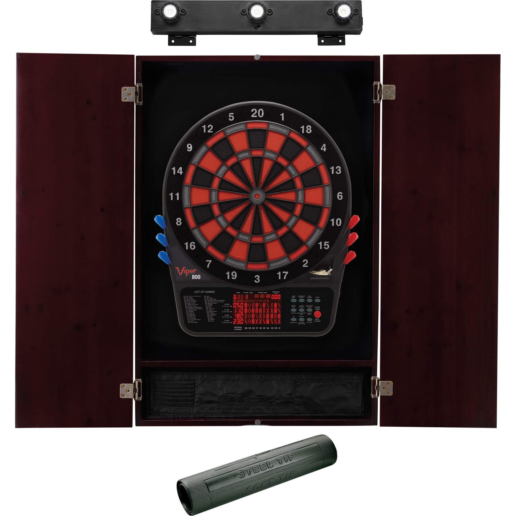 Viper 800 Electronic Dartboard, Metropolitan Espresso Cabinet, Laser Throw Line & Shadow Buster Dartboard Light Bundle