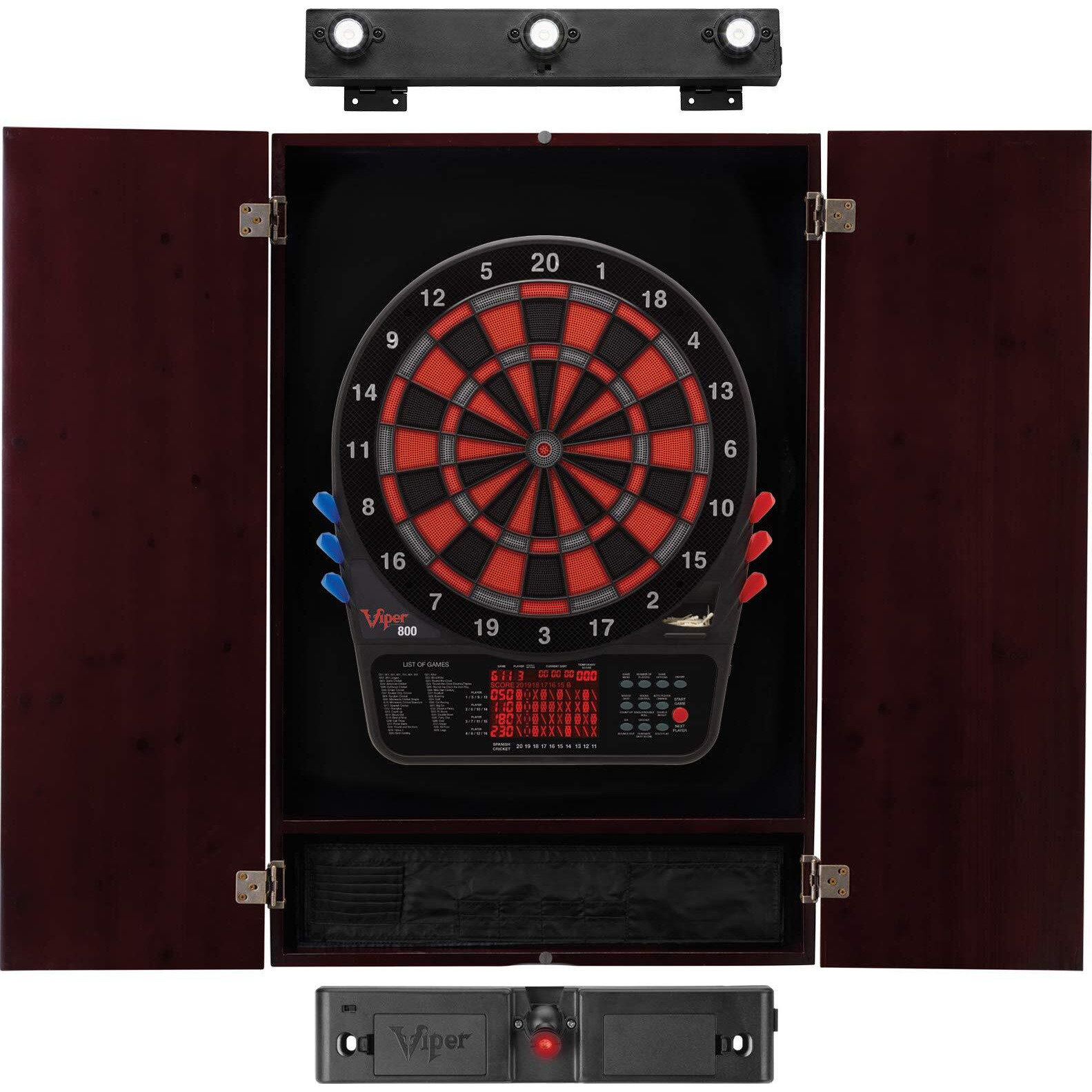 Viper by GLD Products 800 Electronic Dartboard, Metropolitan Espresso Cabinet, Laser Throw Line & Shadow Buster Dartboard Light Bundle