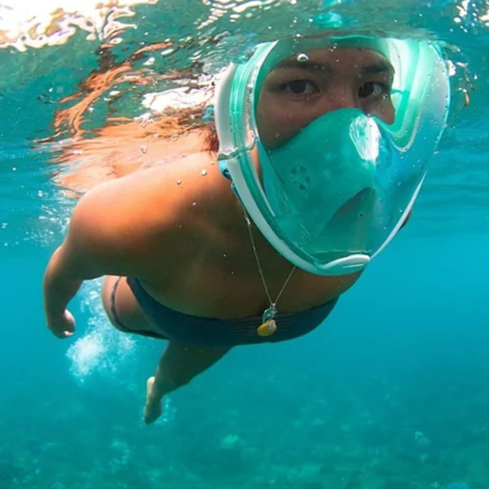 Full Face Snorkel Mask, Full Face Snorkel Mask Adult and Kids with Detachable HD 1080P Action Camera Mount with Anti-Fog Transparent Visor - Turquoise