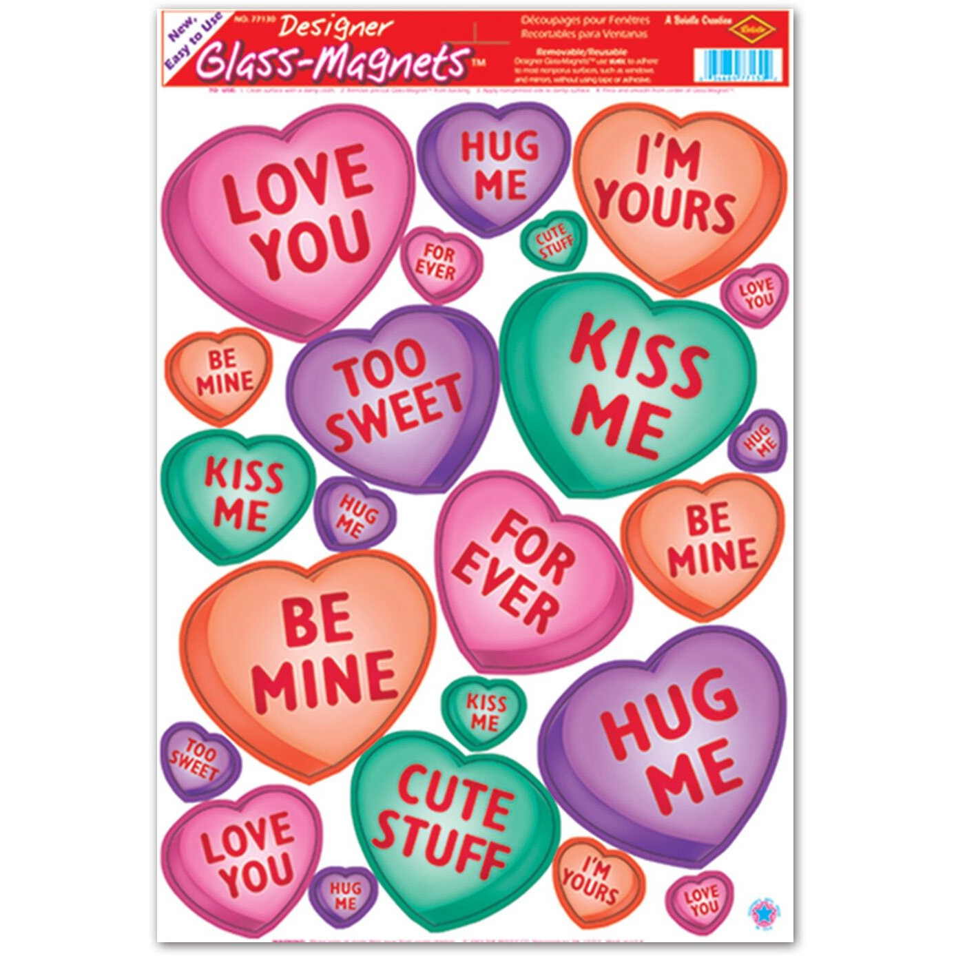 Valentine Candy Heart Glass Clings 12in. X 17in. Sheet Pkg/12