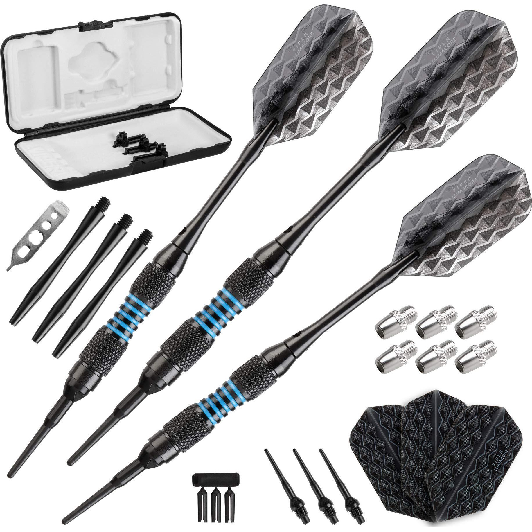 Viper Bobcat Adjustable Weight Soft Tip Darts with Storage/Travel Case Black Coated Brass, Blue Rings, 16-19 Grams