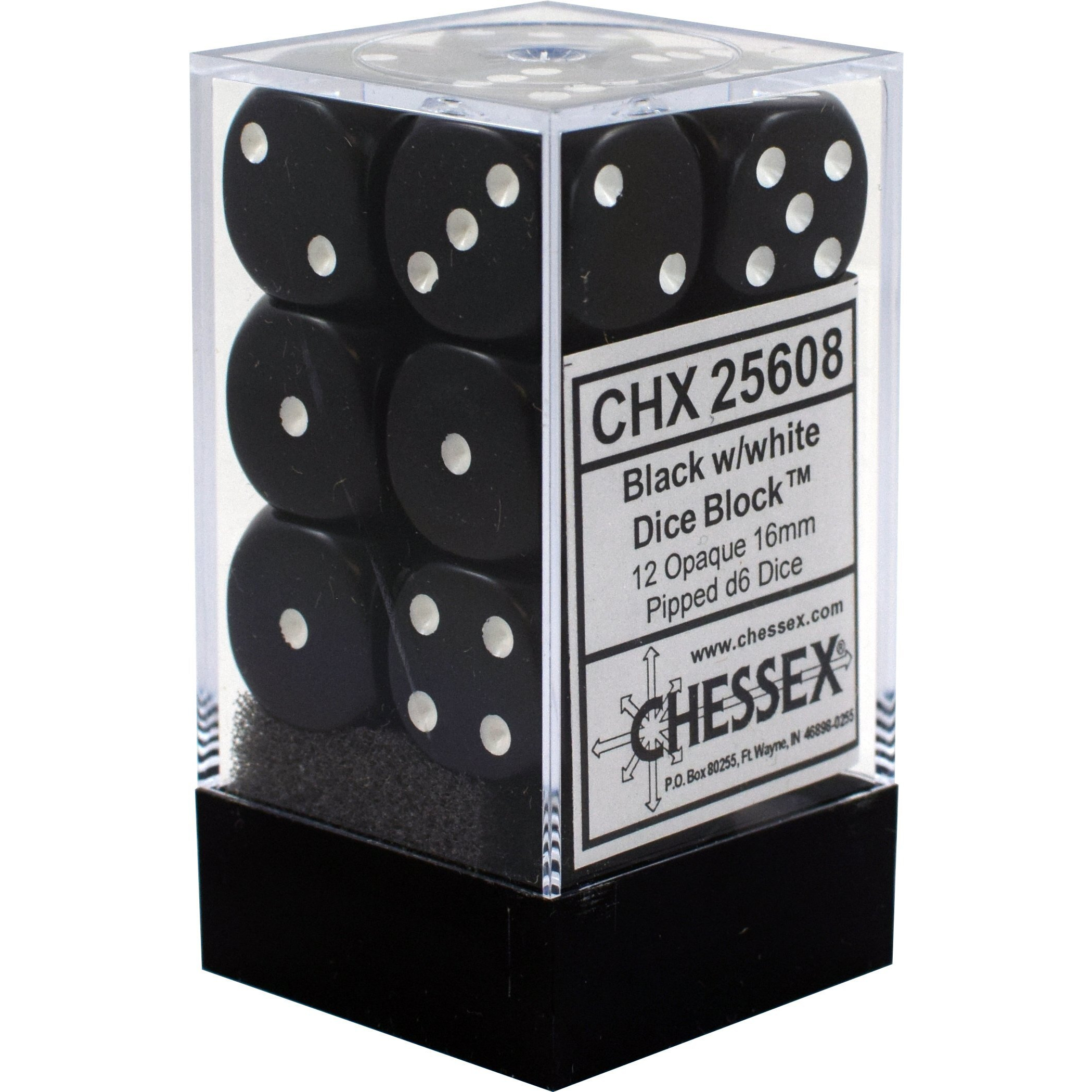 Chessex 25608 Opaque Black with White - 16 mm Six Sided Dice Set of 12