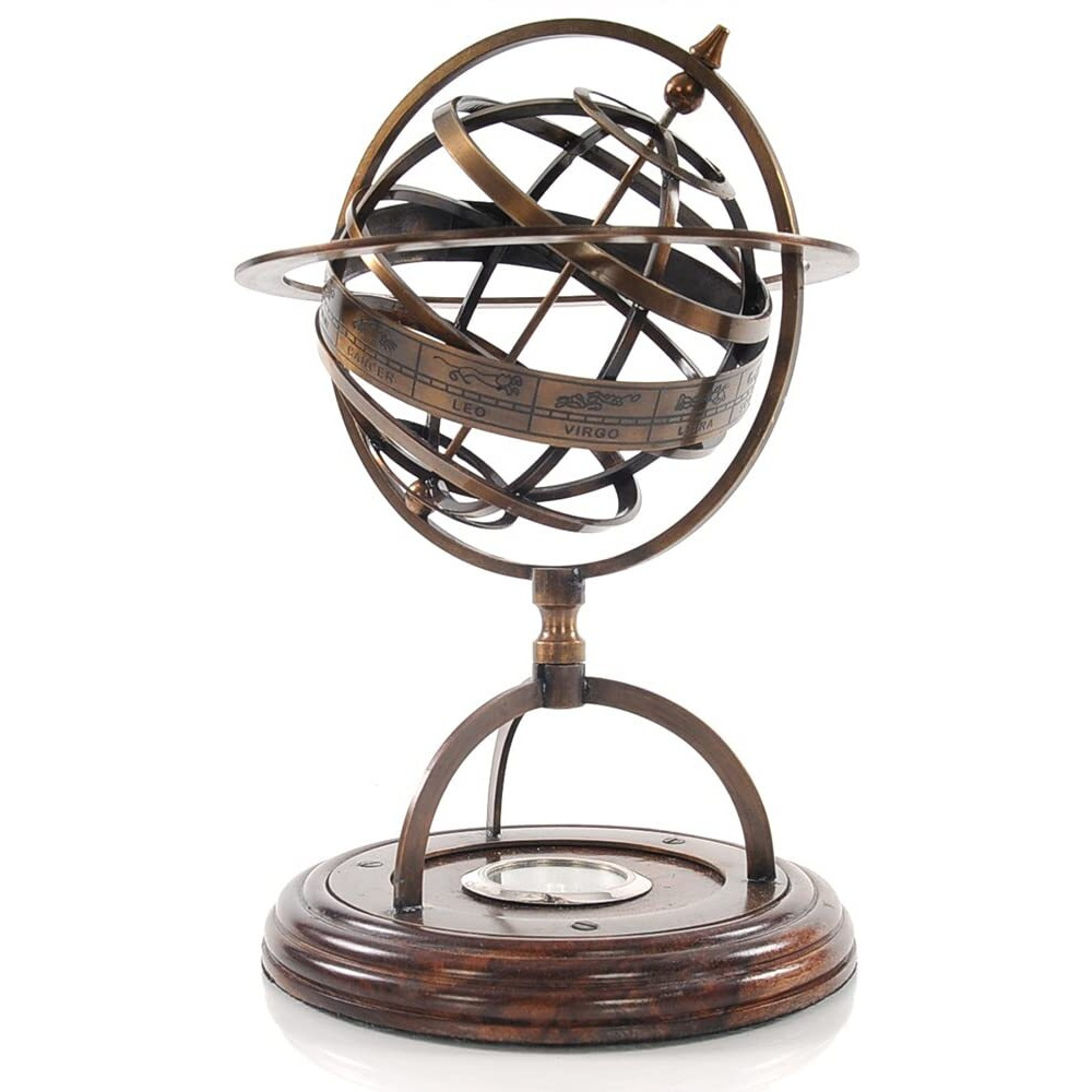 Old Modern Handicrafts Brass Armillary Globe with Compass On Wood Base - Handcrafted from Brass & Wood - 7.0L x 7.0W x 11.0H Inches