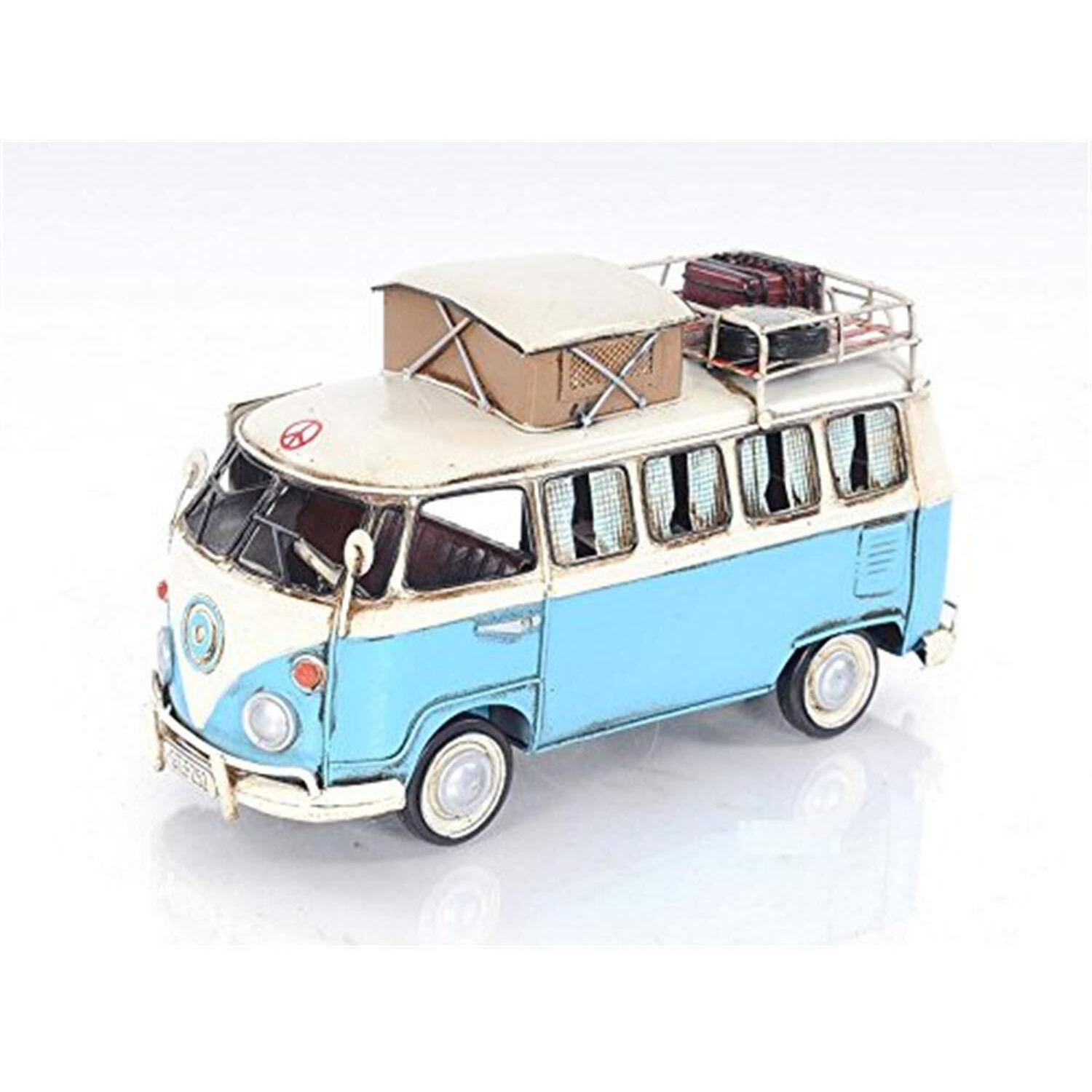 Old Modern Handicrafts Camp Bus Model with Rolling Wheels - 100% Handmade from Iron & Hand-Painted with Classic Blue & White Colors - 11.5L x 5.5W x 6H Inches