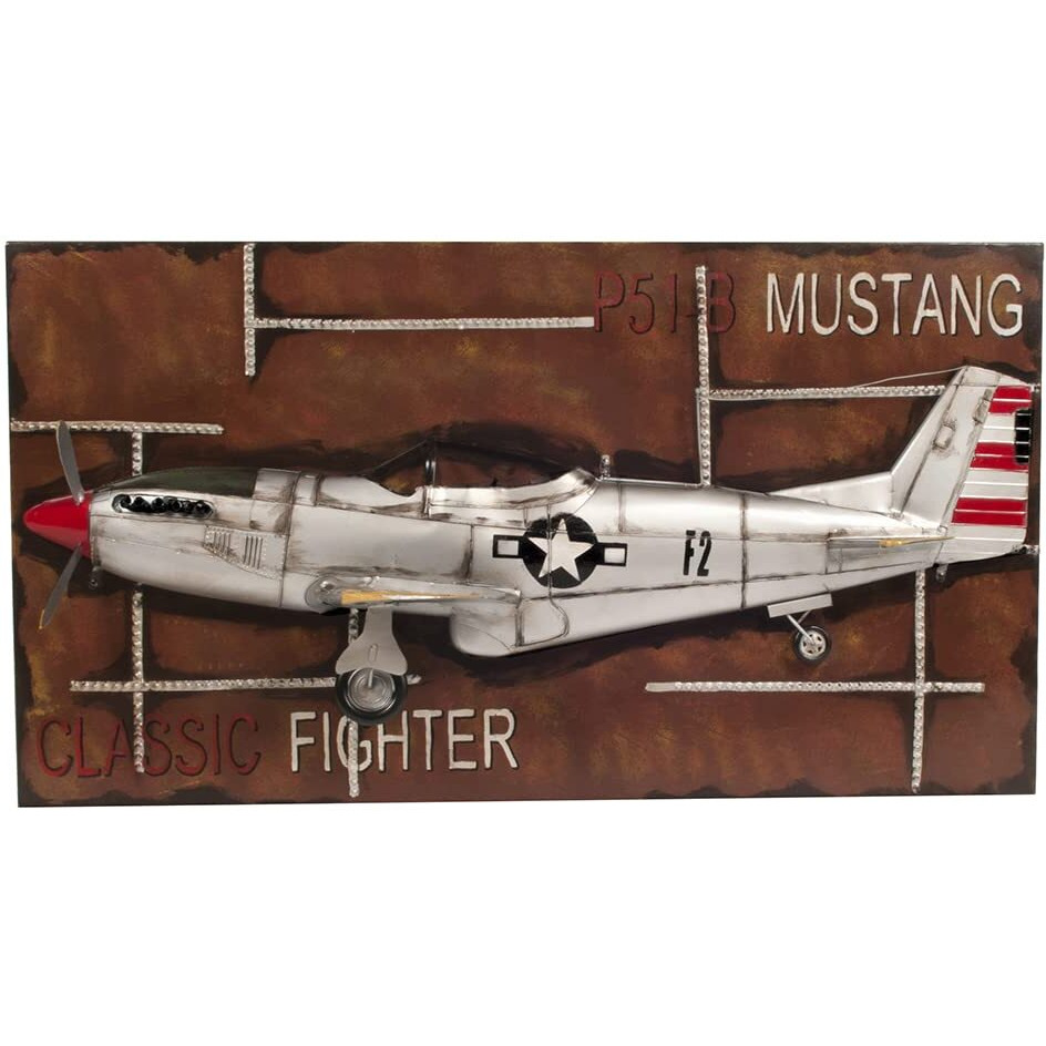 Old Modern Handicrafts 1943 Mustang P-51 Fighter 3D Model on Painting Frame - Aeroplane Model Handcrafted from Iron - 43.5L x 9W x 23.5H Inches