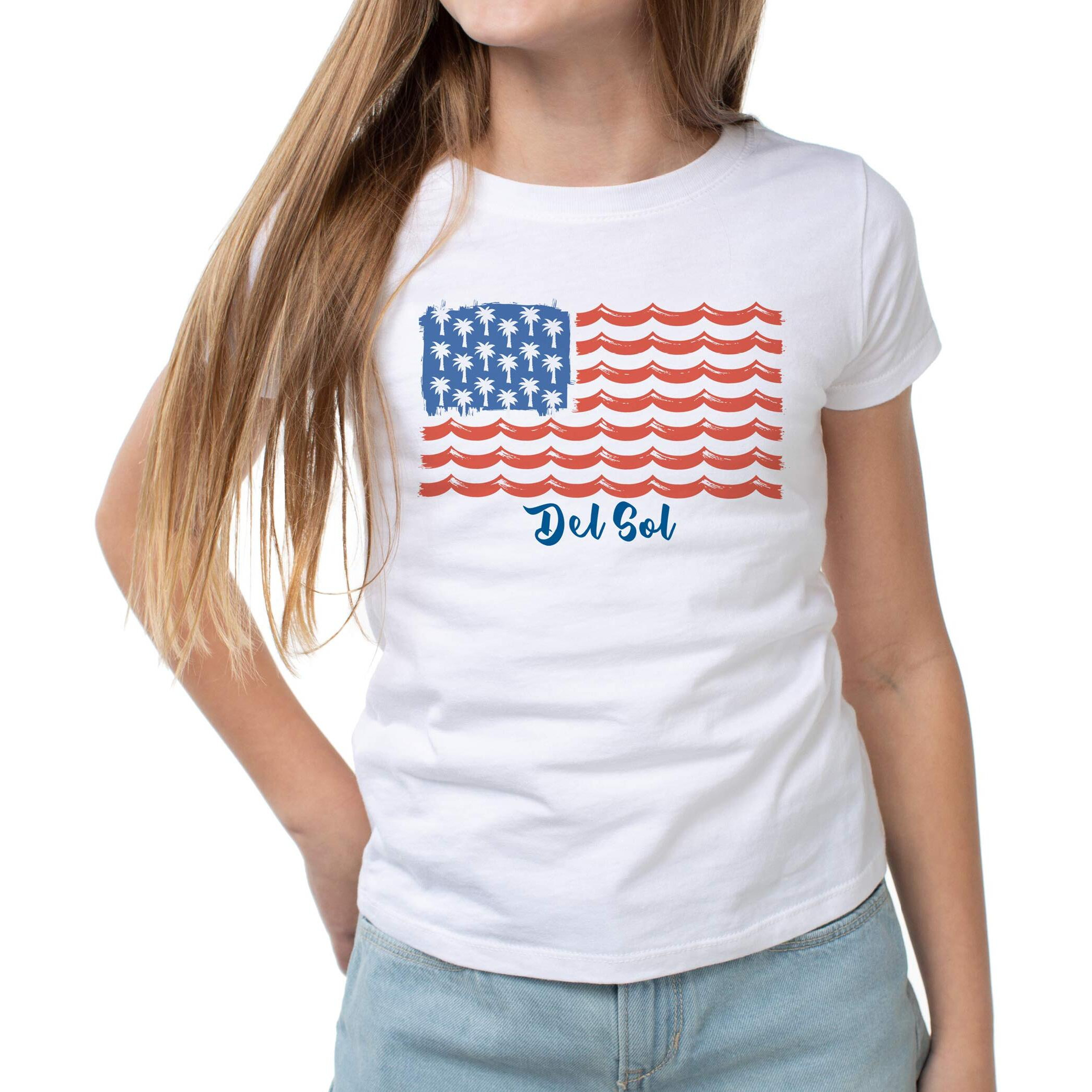 Del Sol Color Changing Youth Girls Crew Tee - Tropical Americana, White, Size YS