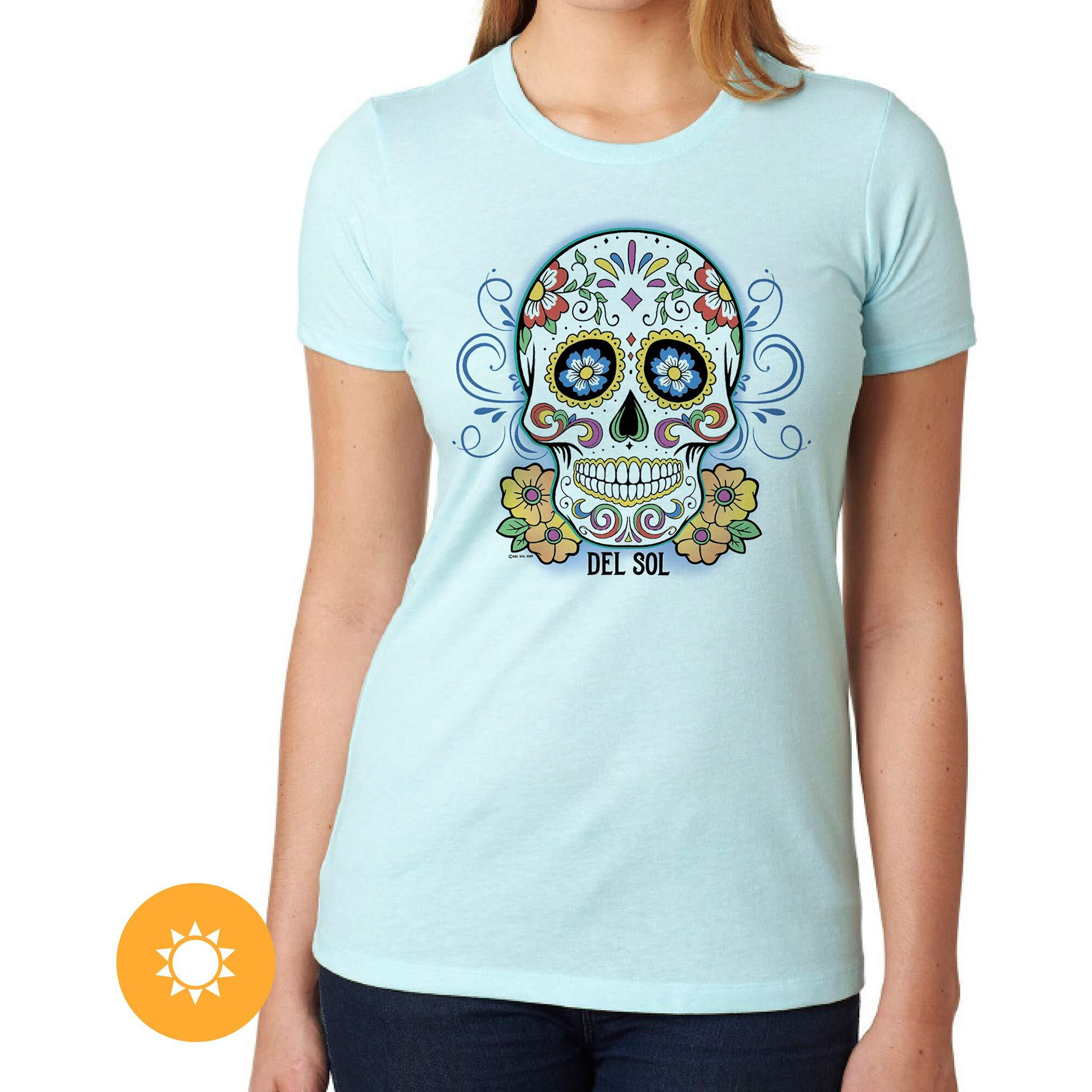 Del Sol Color Changing Women's Premium Crew Tee, Day of The Dead, Blue, Size S