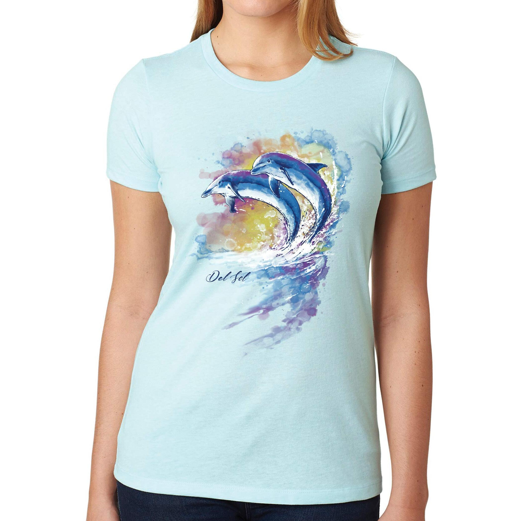 Del Sol Color Changing Women's Premium Crew Tee, Watercolor Dolphin, Size 2XL