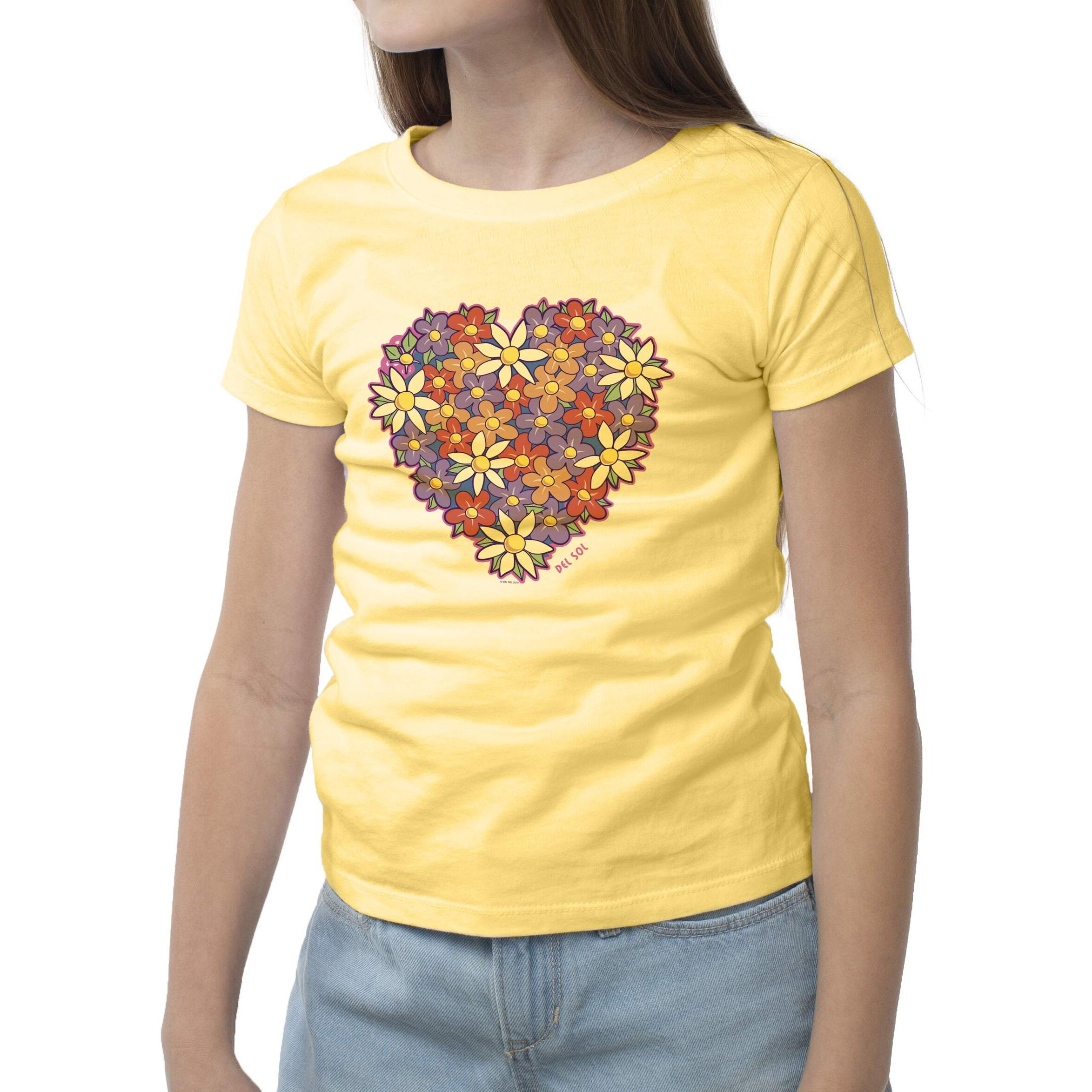 Del Sol Color Changing Youth Girls Crew Tee - I Heart Flowers, Butter, Size YL