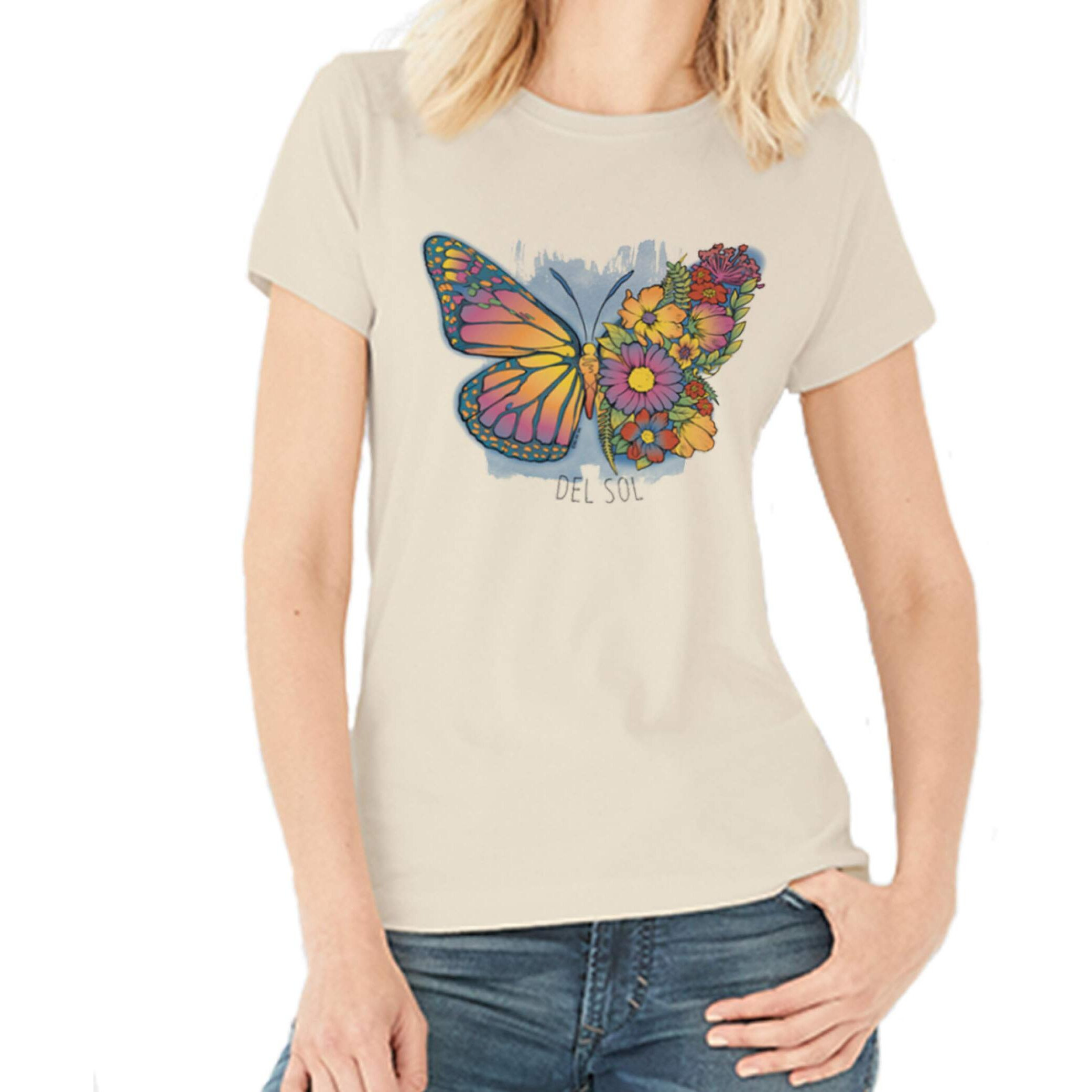 Del Sol Color Changing Women's Boyfriend Tee, Butterfly Floral, Natural, Size XL