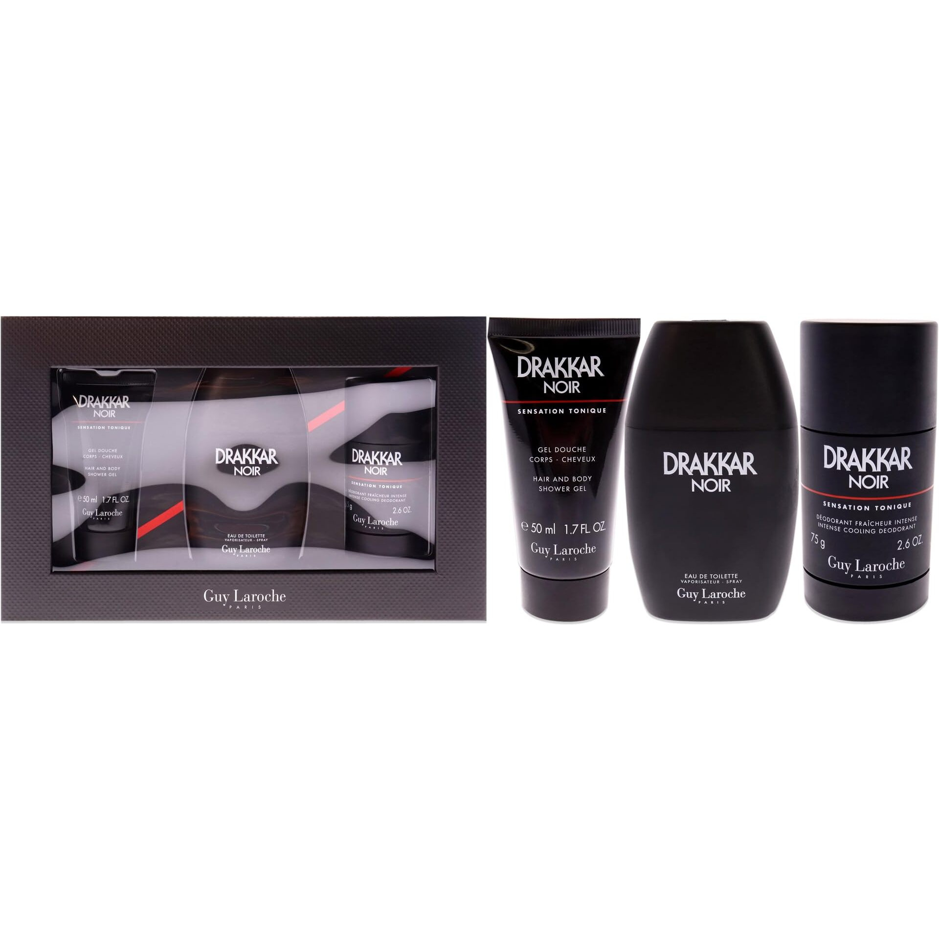 Drakkar Noir by Guy Laroche 3-Piece Gift Set for Men - With Notes of Lavender, Lemon, Mandarin, Cedar, Vetiver, and More - Includes 3.4 oz EDT Spray, 2.6 oz Deodorant Stick, and 1.7 oz Shower Gel