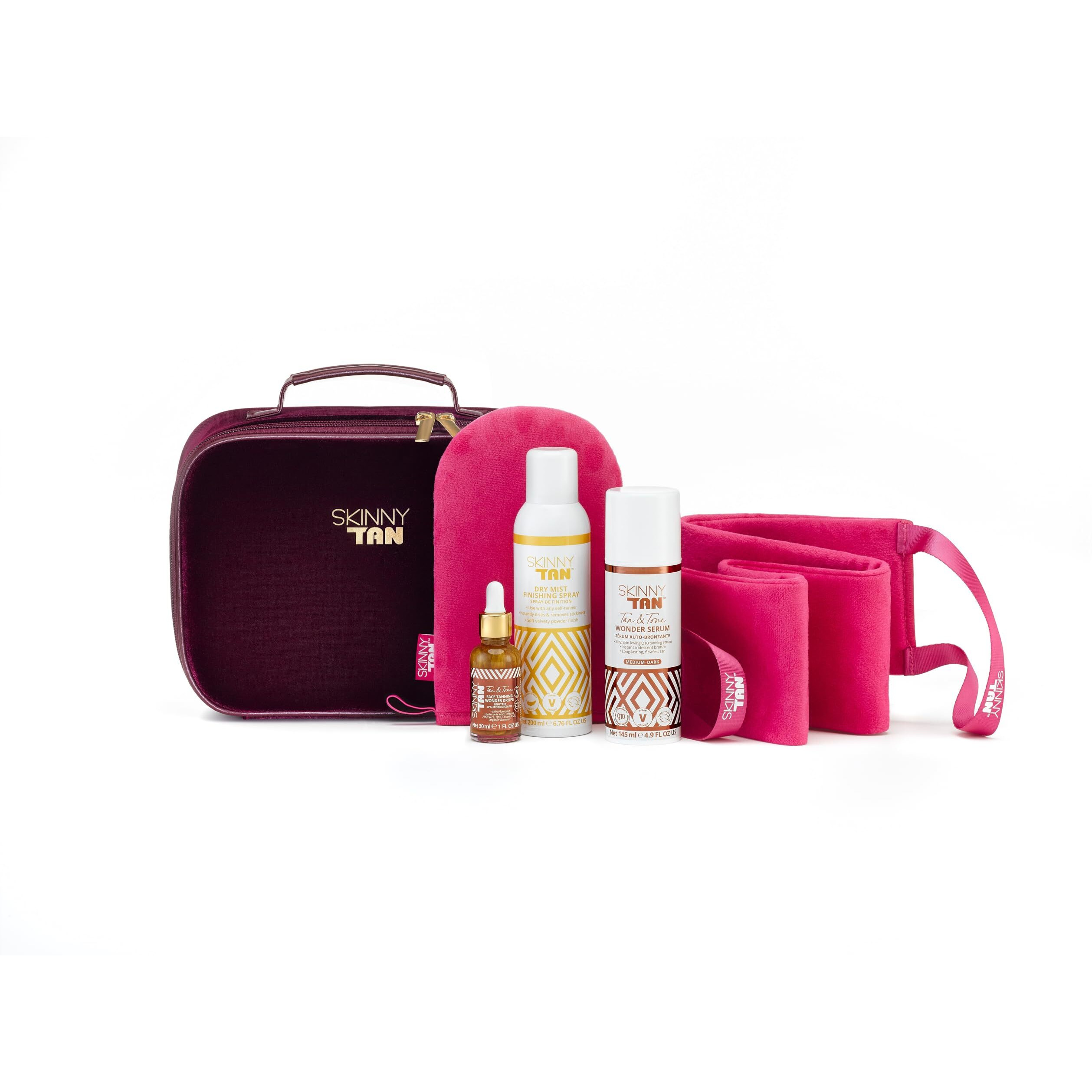 Wonder Tanning Collection Set by Skinny Tan for Women - 5 Pc Gift Set 5oz Wonder Serum, 1oz Face Tanning Drops, 6.7oz Dry Mist Finishing Spray, Back Applicator, Dual Tanning Mitt