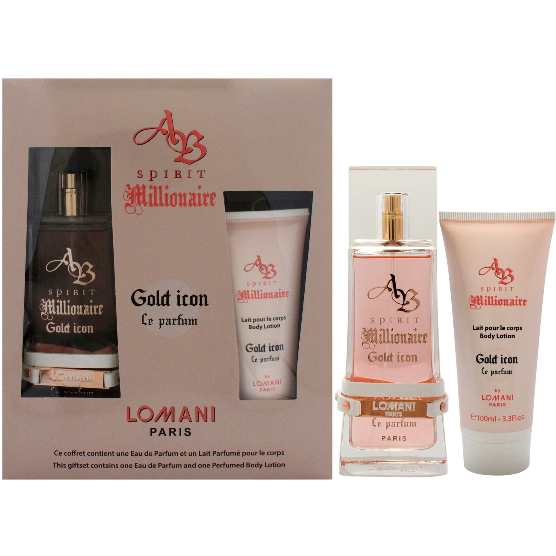 Lomani AB Spirit Millionaire Le Parfum Gold Icon for Women - 2 Pc Gift Set 3.3oz EDP Spray, 3.3oz Body Lotion