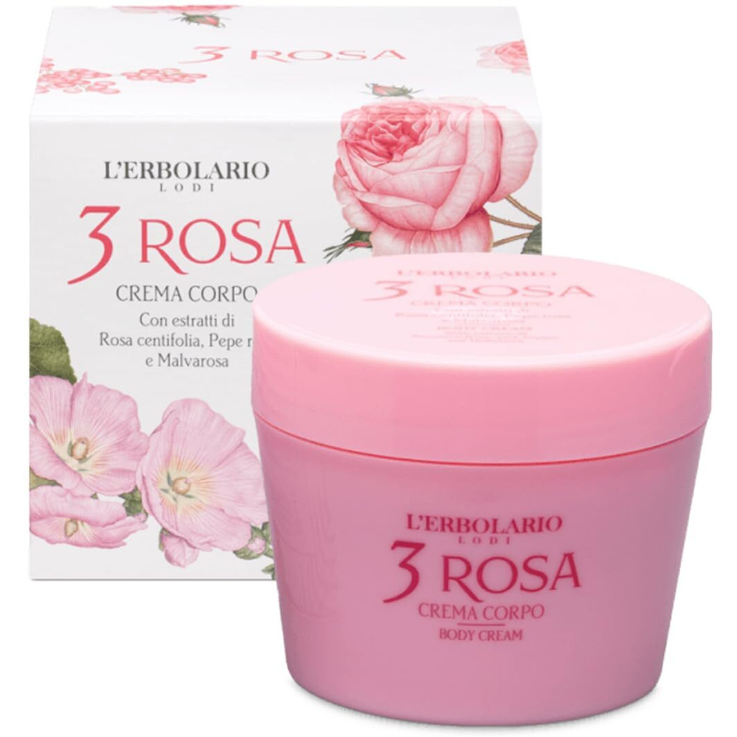 LErbolario 3 Rosa Body Cream - Nourishing, Moisturizing Cream for Dry Skin - Rose Extract and Hydrating Vitamin E - Fresh Rose Fragrance - 6.7 oz