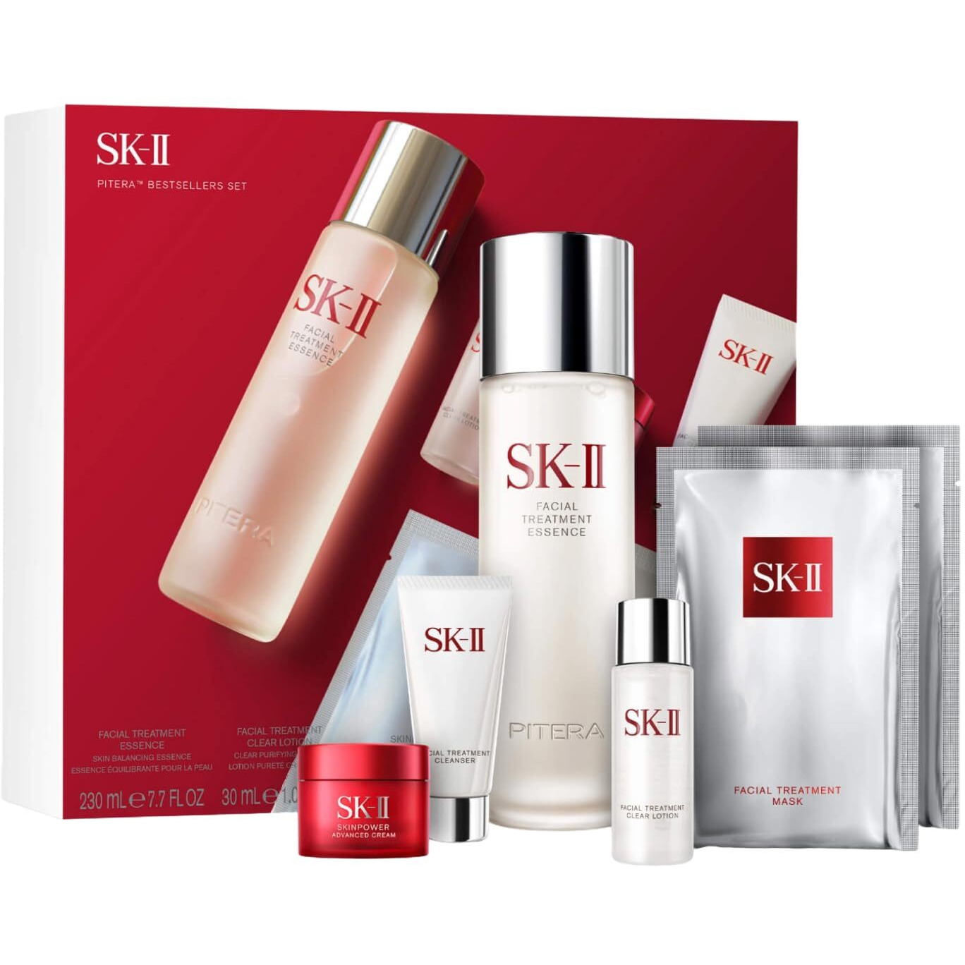 SK-II Best Sellers Skincare Gift Set - Anti Aging Skincare Set Includes Full Size Facial Essence, Travel Size Cleanser, Toner & Face Cream & 2 Sheet Masks (6 Count)