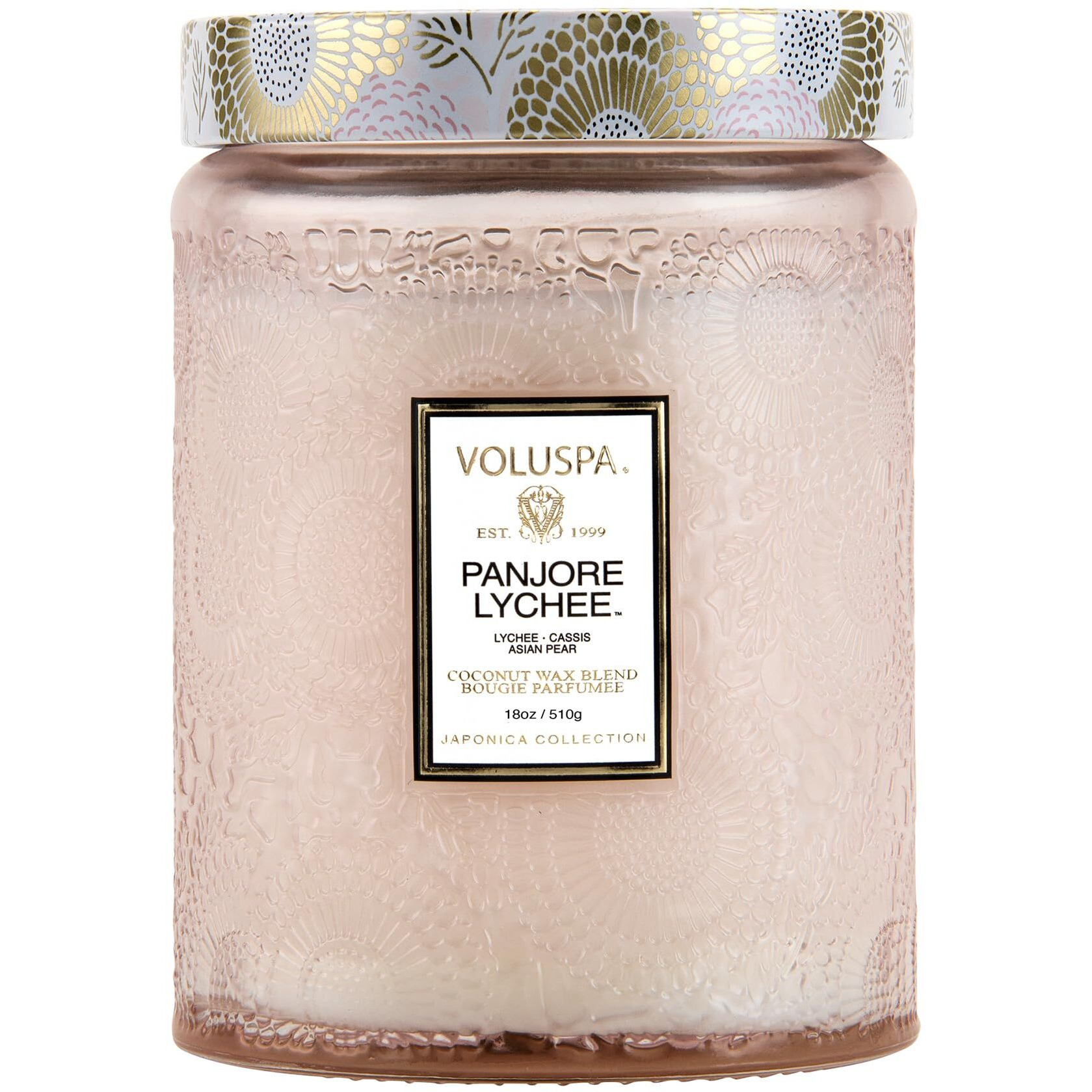 Voluspa Panjore Lychee, Large Candle Jar, 18 oz, 100 Hour Burn Time, All Natural Wicks and Coconut Wax for Clean Burning, Vegan, Poured in the USA