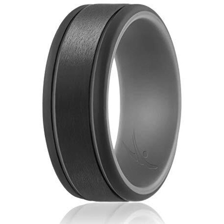 ROQ Silicone Rubber Wedding Ring for Men, Comfort Fit, Men's Wedding Band, Breathable Rubber Engagement Band, 9mm Wide 2mm Thick, 2 Thin Lines Duo Collection, Single, Grey & Black, Size 13