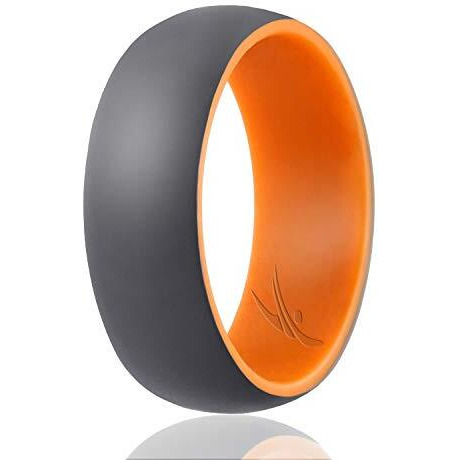 ROQ Silicone Rubber Wedding Ring for Men, Comfort Fit, Men's Wedding Band, Breathable Rubber Engagement Band, 9mm Wide 2mm Thick, Dome Style Duo Collection, Single, Grey & Orange, Size 8