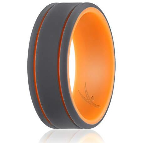 ROQ Silicone Rubber Wedding Ring for Men, Comfort Fit, Men's Wedding Band, Breathable Rubber Engagement Band, 9mm Wide 2mm Thick, 2 Thin Lines Duo Collection, Single, Orange & Grey, Size 11