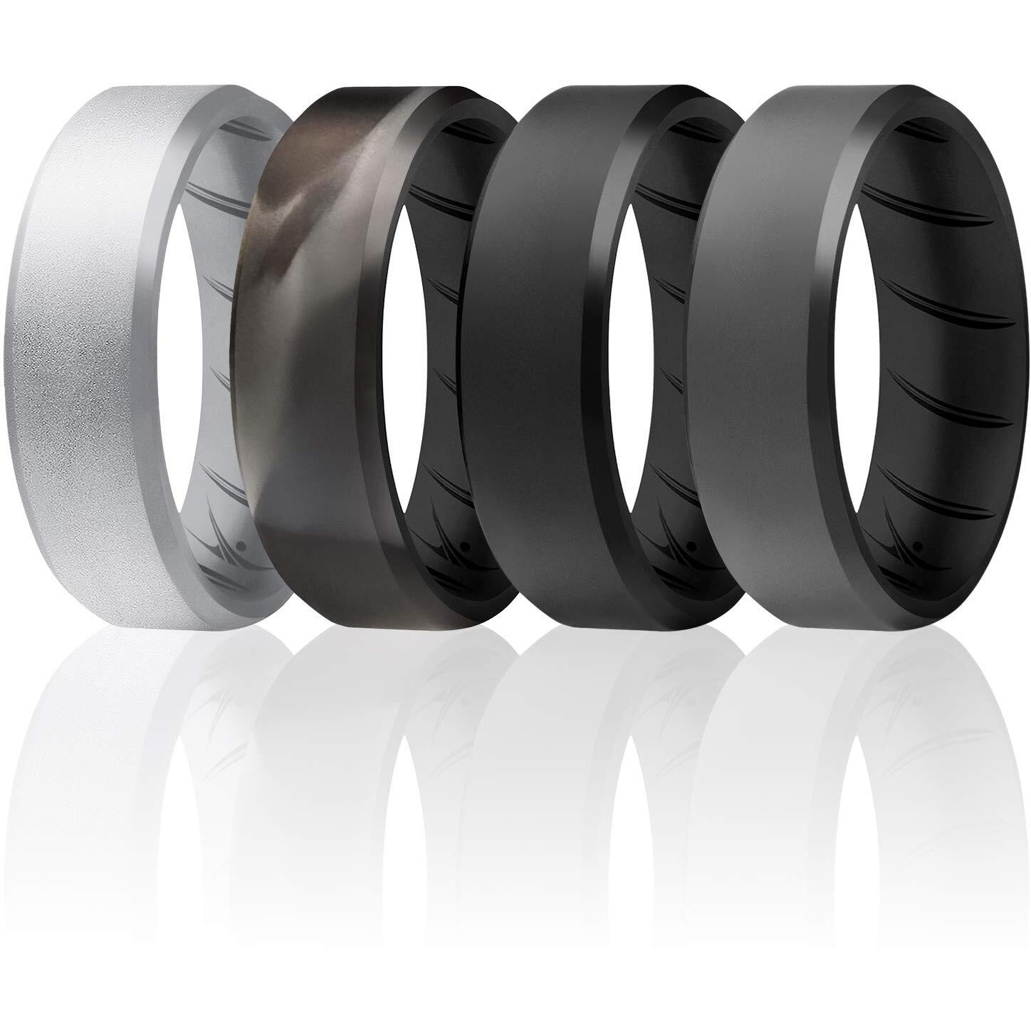 ROQ Silicone Rings, Breathable Silicone Rubber Wedding Ring Band for Men with Comfort-Fit Design, 8mm Beveled Duo, 4 Pack - Black, Silver, Black Camo, Grey Colors - Size 13