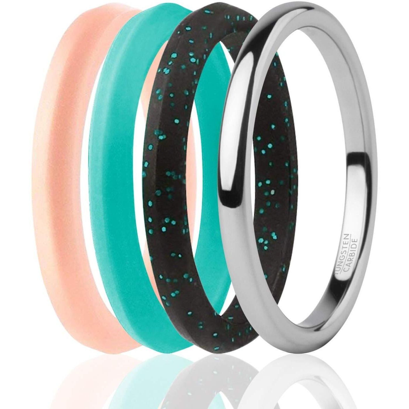 ROQ Silicone Rubber Wedding Ring for Women, Rubber Silicone Wedding Band, Bridal Jewelry Set, Anniversary Rings, Promise Ring, Tungsten Carbide & Classic Stackable Silicone Ring Set, 2mm Wide 2mm Thick, 4 Pack, Black, Turquoise, Rose Gold, Silver, Size 6