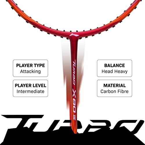 Li-Ning Turbo X III Carbon Fibre Strung Badminton Racket with Free Racket Cover for Seniors (Red/Copper, 87 Grams)