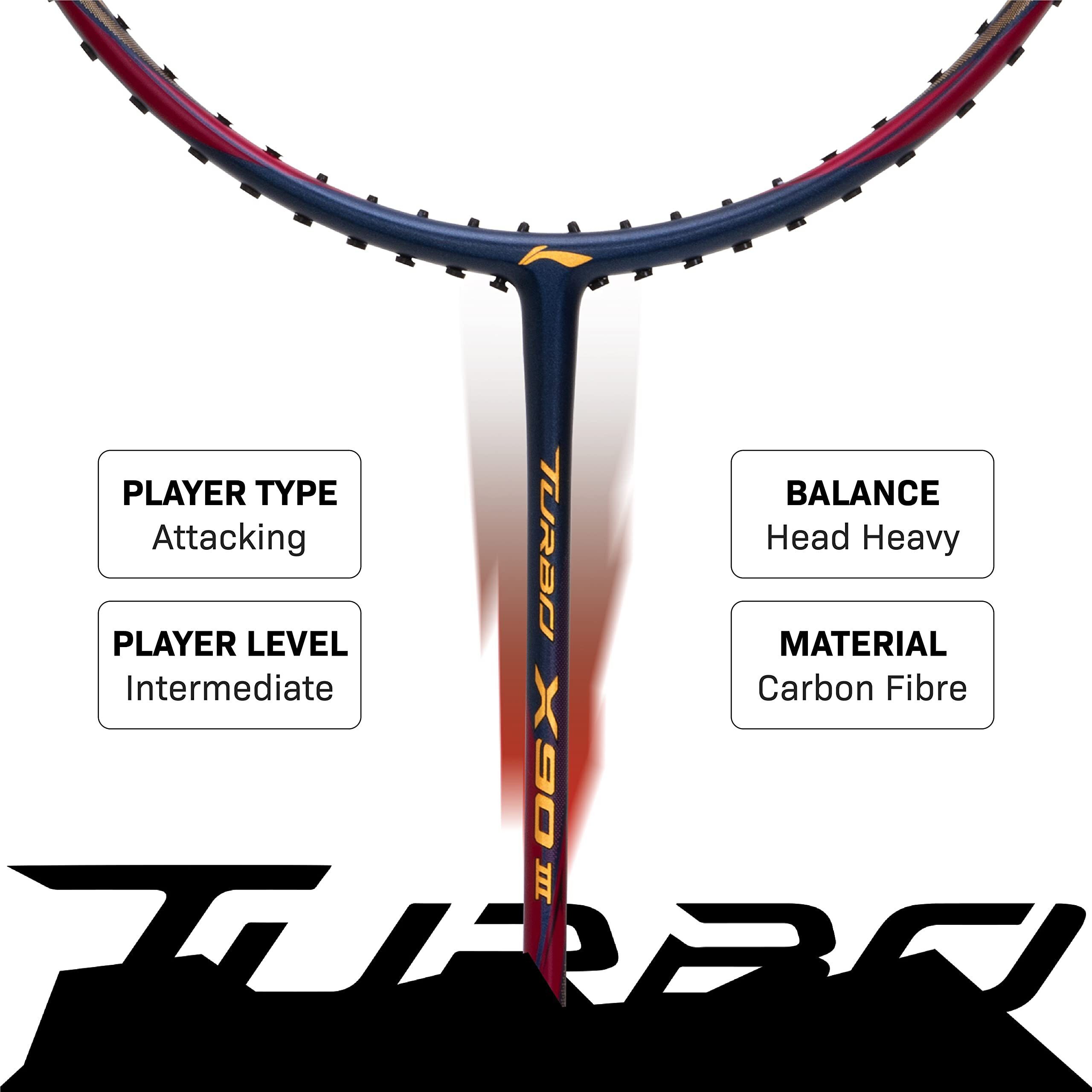 Li-Ning Turbo X III Carbon Fibre Strung Badminton Racket with Free Racket Cover for Seniors (Navy/Orange, 87 Grams)