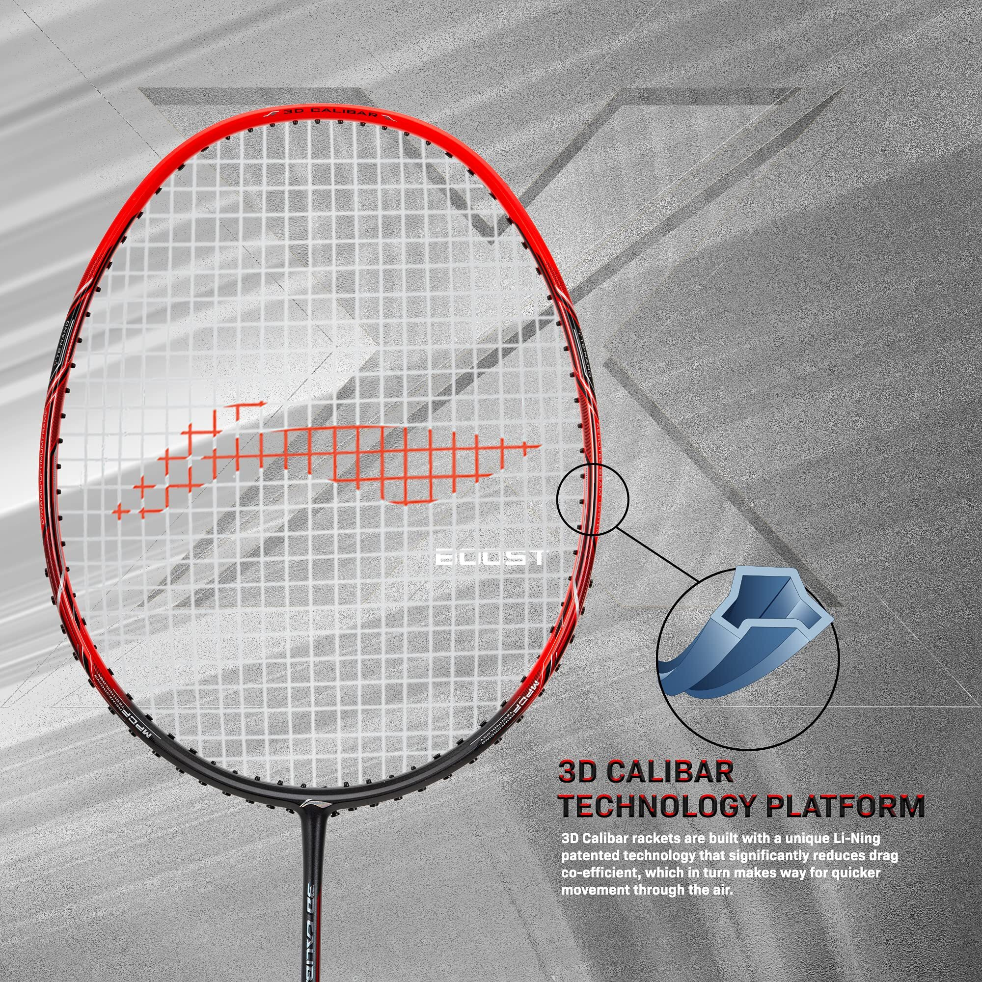 Li-Ning 3D Calibar X Boost Carbon Graphite Strung Badminton Racquets, 83 Grams, 30 Lbs String Tension and Free Full cover(Dark Grey/Red)