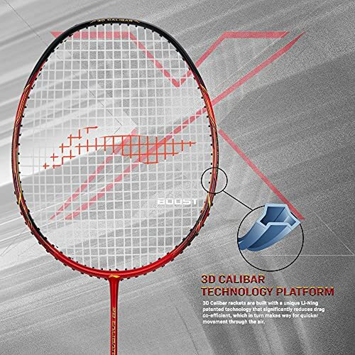 Li-Ning 3D Calibar X Boost Carbon Graphite Strung Badminton Racquet, 83 Grams, 30 Lbs String Tension and Free Full cover(Red/Black)