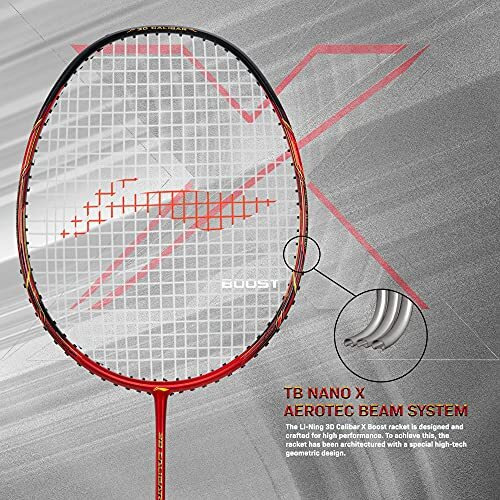 Li-Ning 3D Calibar X Boost Carbon Graphite Strung Badminton Racquet, 83 Grams, 30 Lbs String Tension and Free Full cover(Red/Black)