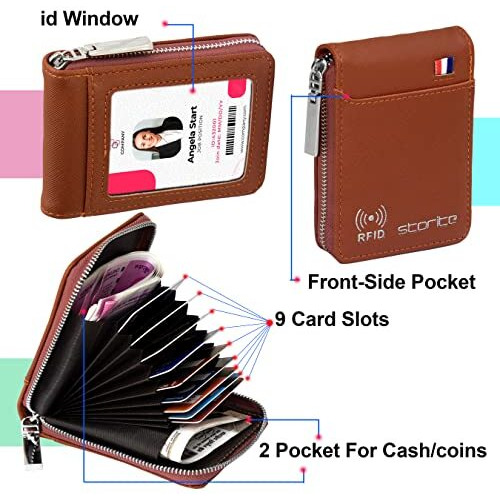 Storite Imported RFID PU Leather 9 Slot Vertical Credit Debit Card Holder Money Wallet Zipper Coin Purse for Men Women (Light Brown,11.5x1.75x8Cm)