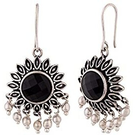 Voylla Brass Oxidized Silver Plating Flower Shape Dangler Earrings with Black Stone for Women and Girls