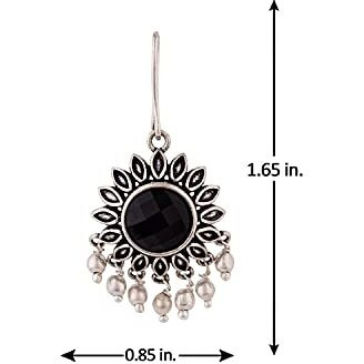 Voylla Brass Oxidized Silver Plating Flower Shape Dangler Earrings with Black Stone for Women and Girls