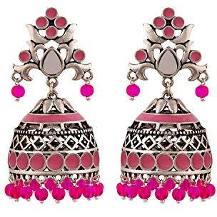 Voylla Brass Silver Oxidised Plating Rangabati Pink Embellishments Jhumka Earrings with Pearl Beads for Women and Girls