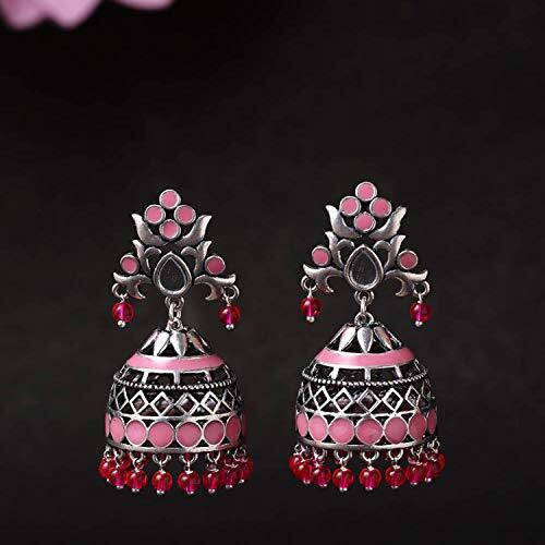 Voylla Brass Silver Oxidised Plating Rangabati Pink Embellishments Jhumka Earrings with Pearl Beads for Women and Girls