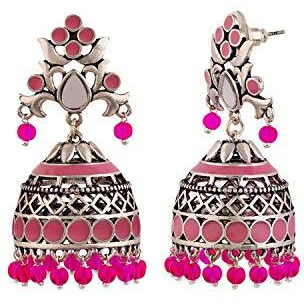 Voylla Brass Silver Oxidised Plating Rangabati Pink Embellishments Jhumka Earrings with Pearl Beads for Women and Girls