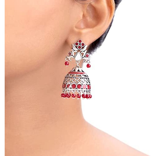 Voylla Brass Silver Oxidised Plating Rangabati Red Embellishments Jhumka Earrings with Pearl Beads for Women and Girls