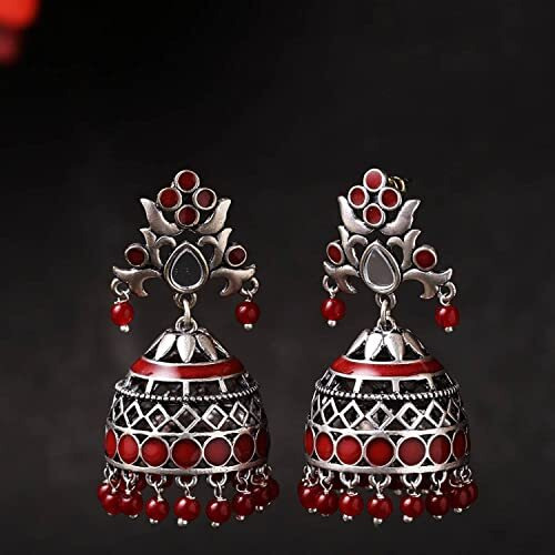 Voylla Brass Silver Oxidised Plating Rangabati Red Embellishments Jhumka Earrings with Pearl Beads for Women and Girls