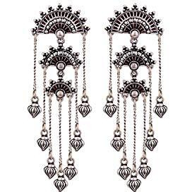 Voylla Oxidised Silver Plating Brass Mandala Design Tassels Dangler Earrings for Women and Girls