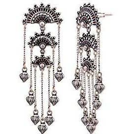 Voylla Oxidised Silver Plating Brass Mandala Design Tassels Dangler Earrings for Women and Girls