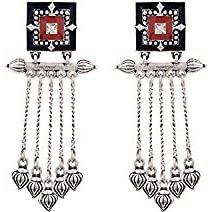 Voylla Brass Silver Oxidised Square Mandala Rangoli Design Inspired Tassels Earrings for Women and Girls