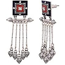 Voylla Brass Silver Oxidised Square Mandala Rangoli Design Inspired Tassels Earrings for Women and Girls