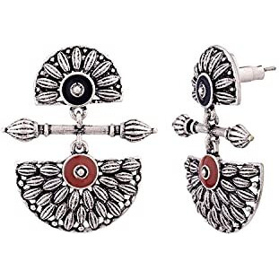 Voylla Brass Silver Oxidised Mandala Design Lightly Embellished Drop Earrings for Women and Girls