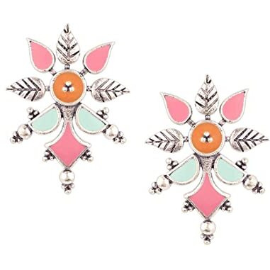 Voylla Traditional Brass Silver Oxidised plated Pastel Colourful Enamelled Embellished Floral Pattern Subtle Dangle & Drop Earrings for Women and Girls