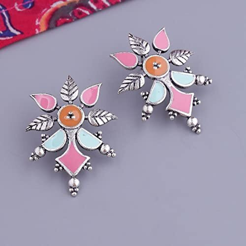 Voylla Traditional Brass Silver Oxidised plated Pastel Colourful Enamelled Embellished Floral Pattern Subtle Dangle & Drop Earrings for Women and Girls