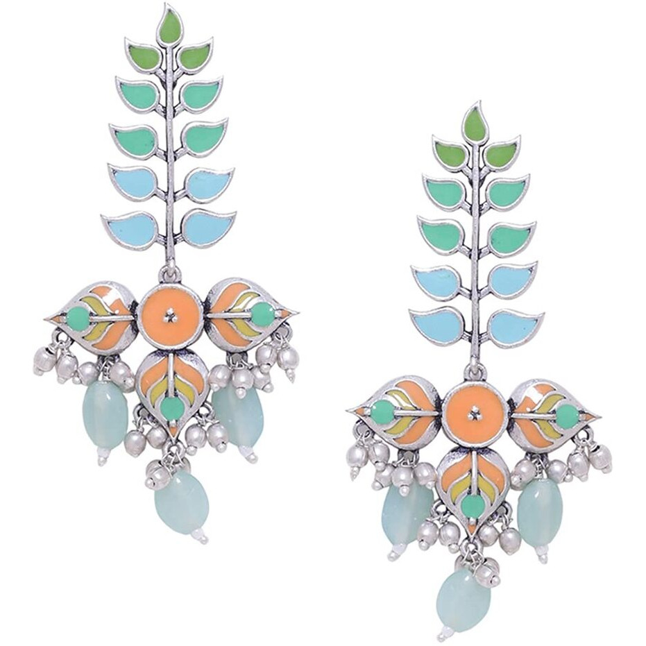 Voylla Traditional Brass Silver Oxidised plated Pastel Colourful Enamelled Embellished Leaf Design Beaded Long Dangle & Drop Earrings for Women and Girls