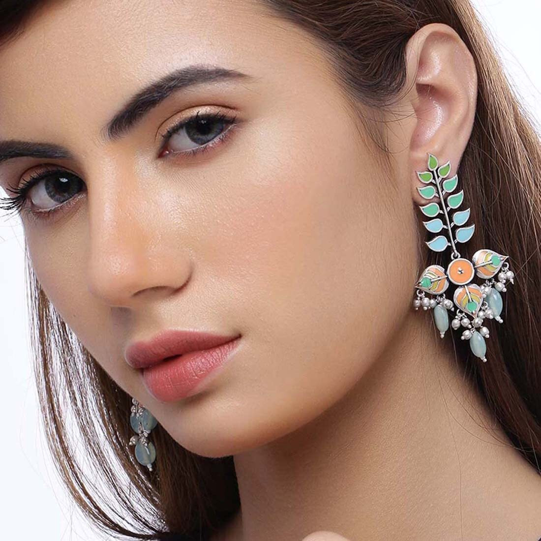 Voylla Traditional Brass Silver Oxidised plated Pastel Colourful Enamelled Embellished Leaf Design Beaded Long Dangle & Drop Earrings for Women and Girls