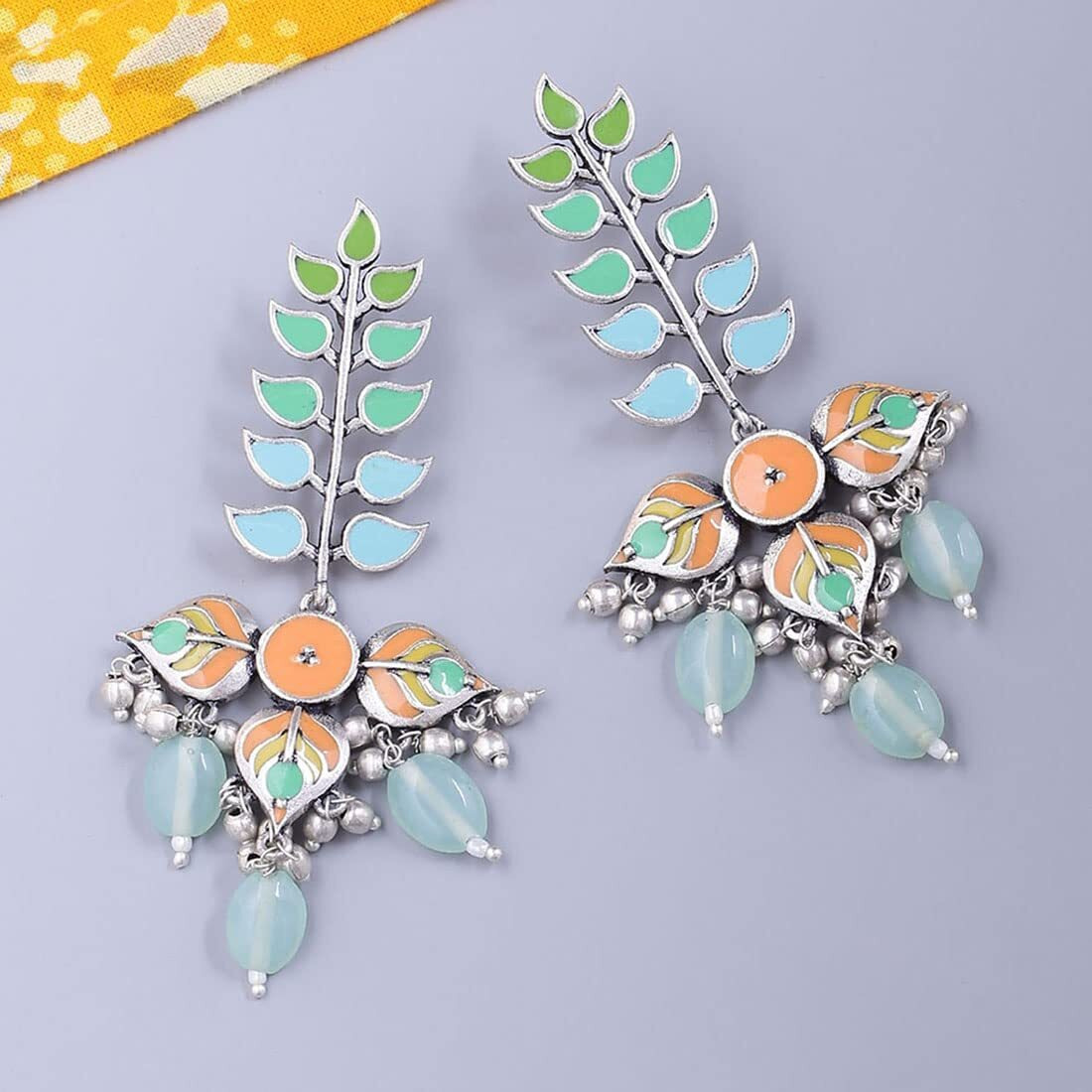 Voylla Traditional Brass Silver Oxidised plated Pastel Colourful Enamelled Embellished Leaf Design Beaded Long Dangle & Drop Earrings for Women and Girls